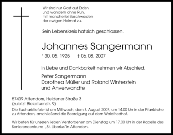 Traueranzeige von Johannes Sangermann von Tageszeitung