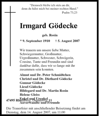 Traueranzeige von Irmgard Gödecke von Tageszeitung