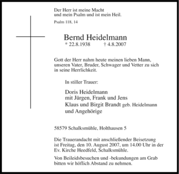 Traueranzeige von Bernd Heidelmann von Tageszeitung