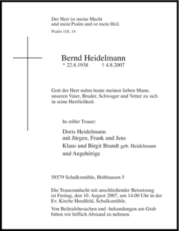 Traueranzeige von Bernd Heidelmann von Tageszeitung