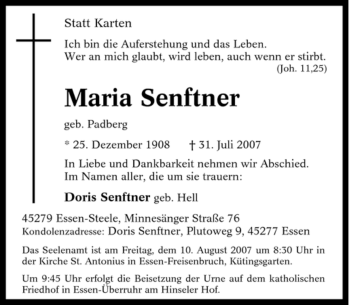 Traueranzeige von Maria Senftner von Tageszeitung