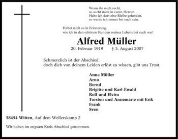 Traueranzeige von Alfred Müller von Tageszeitung