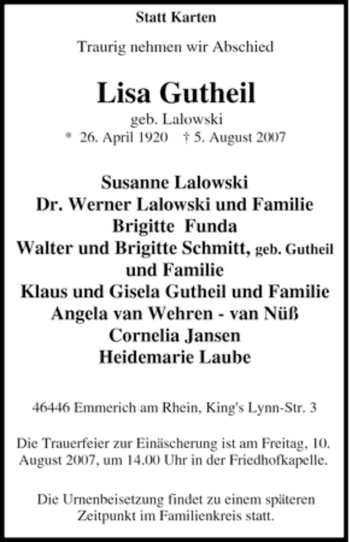 Traueranzeige von Lisa Gutheil von Tageszeitung