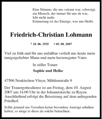 Traueranzeige von Friedrich-Christian Lohmann von Tageszeitung
