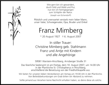 Traueranzeige von Franz Mimberg von Tageszeitung