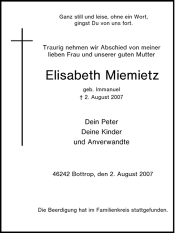 Traueranzeige von Elisabeth Miemietz von Tageszeitung