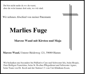 Traueranzeige von Marlies Fuge von Tageszeitung