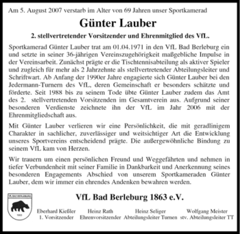 Traueranzeige von Günter Lauber von Tageszeitung