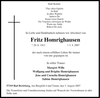 Traueranzeige von Fritz Homrighausen von Tageszeitung