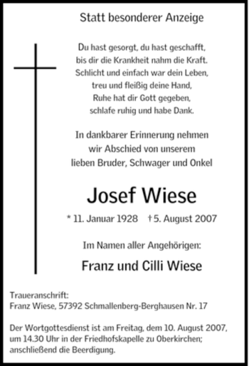 Traueranzeige von Josef Wiese von Tageszeitung