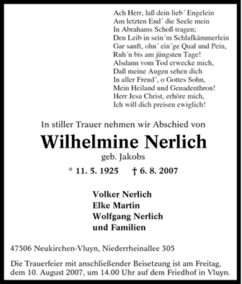 Traueranzeige von Wilhelmine Nerlich von Tageszeitung
