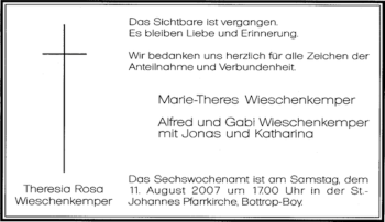 Traueranzeige von Theresia Rosa Wieschenkemper von Tageszeitung