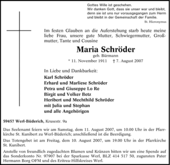 Traueranzeige von Maria Schröder von Tageszeitung
