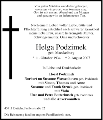 Traueranzeige von Helga Podzimek von Tageszeitung