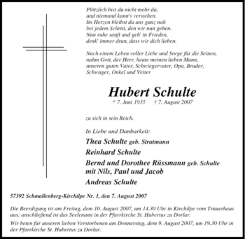 Traueranzeige von Hubert Schulte von Tageszeitung