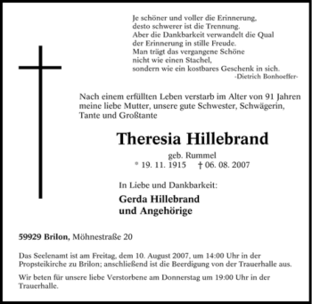 Traueranzeige von Theresia Hillebrand von Tageszeitung