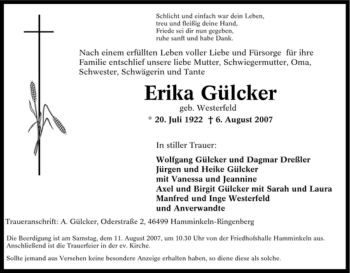 Traueranzeige von Erika Gülcker von Tageszeitung