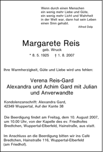 Traueranzeige von Margarete Reis von Tageszeitung