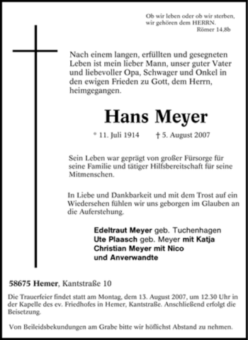 Traueranzeige von Hans Meyer von Tageszeitung