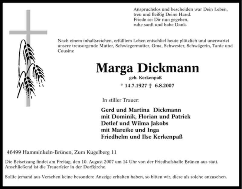  Traueranzeige für Marga Dickmann vom 08.08.2007 aus Tageszeitung