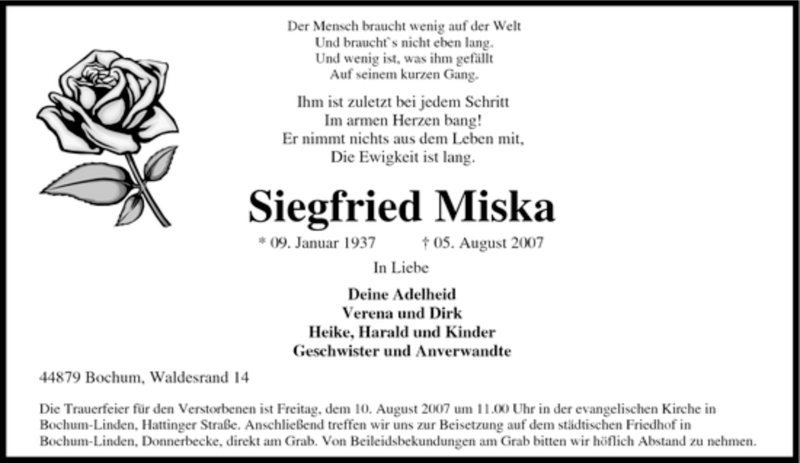 Traueranzeige für Siegfried Miska vom 08.08.2007 aus Tageszeitung