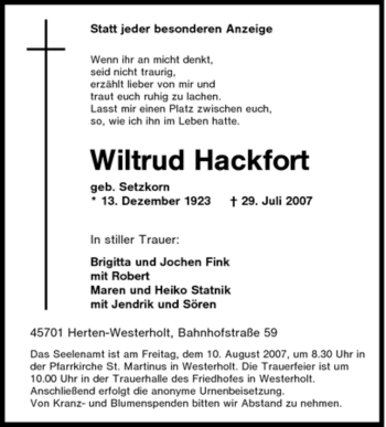 Traueranzeige von Wiltrud Hackfort von Tageszeitung
