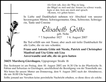 Traueranzeige von Elisabeth Götte von Tageszeitung
