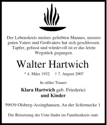Traueranzeige von Walter Hartwich von Tageszeitung