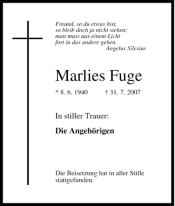 Traueranzeige von Marlies Fuge von Tageszeitung