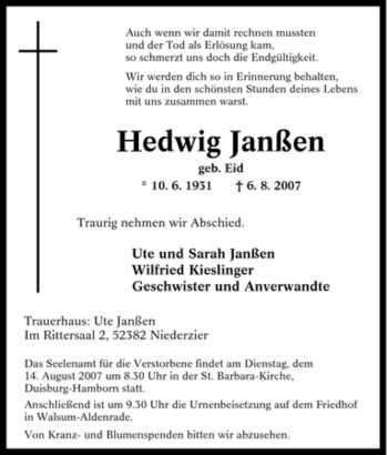 Traueranzeige von Hedwig Janßen von Tageszeitung