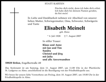 Traueranzeige von Elisabeth Meinelt von Tageszeitung