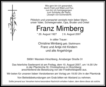 Traueranzeige von Franz Mimberg von Tageszeitung