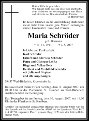 Traueranzeige von Maria Schröder von Tageszeitung