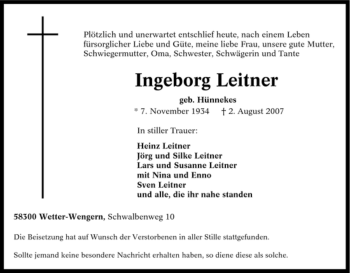 Traueranzeige von Ingeborg Leitner von Tageszeitung