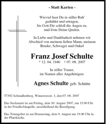 Traueranzeige von Franz Josef Schulte von Tageszeitung