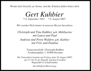 Traueranzeige von Gert Kuhbier von Tageszeitung