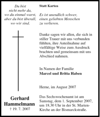 Traueranzeige von Gerhard Hammelmann von Tageszeitung