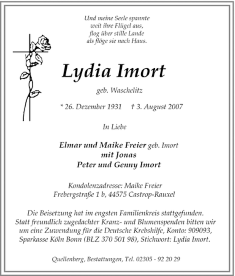  Traueranzeige für Lydia Imort vom 09.08.2007 aus Tageszeitung