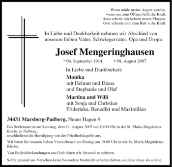 Traueranzeige von Josef Mengeringhausen von Tageszeitung