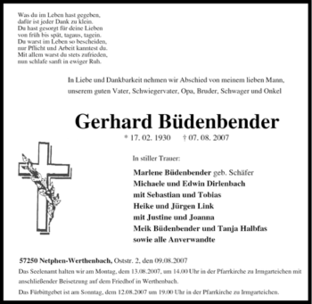 Traueranzeige von Gerhard Büdenbender von Tageszeitung