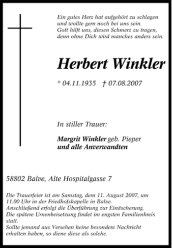 Traueranzeige von Herbert Winkler von Tageszeitung