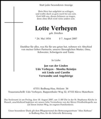Traueranzeige von Lotte Verheyen von Tageszeitung