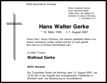 Traueranzeige von Hans Walter Gerke von Tageszeitung