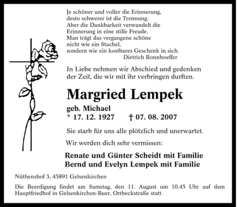  Traueranzeige für Margried Lempek vom 09.08.2007 aus Tageszeitung