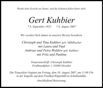 Traueranzeige von Gert Kuhbier von Tageszeitung