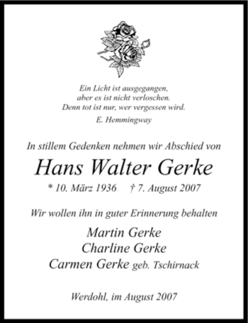 Traueranzeige von Hans Walter Gerke von Tageszeitung