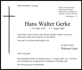 Traueranzeige von Hans Walter Gerke von Tageszeitung