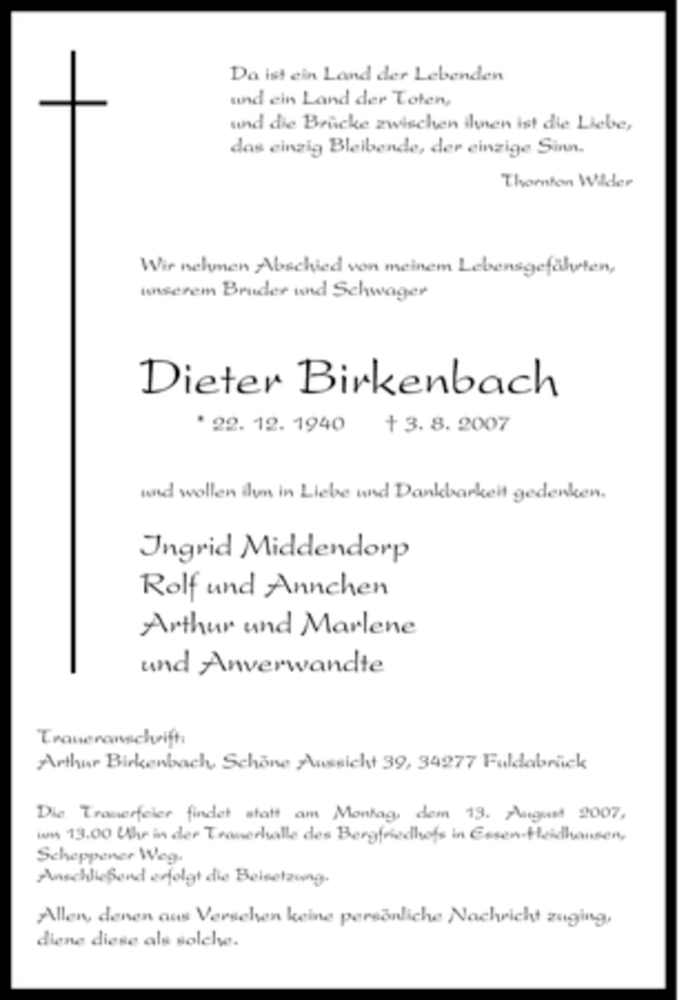  Traueranzeige für Dieter Birkenbach vom 10.08.2007 aus Tageszeitung