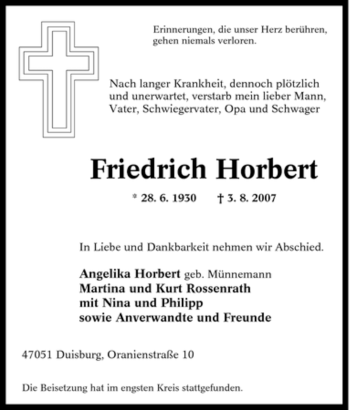 Traueranzeige von Friedrich Horbert von Tageszeitung