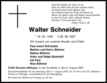 Traueranzeige von Walter Schneider von Tageszeitung